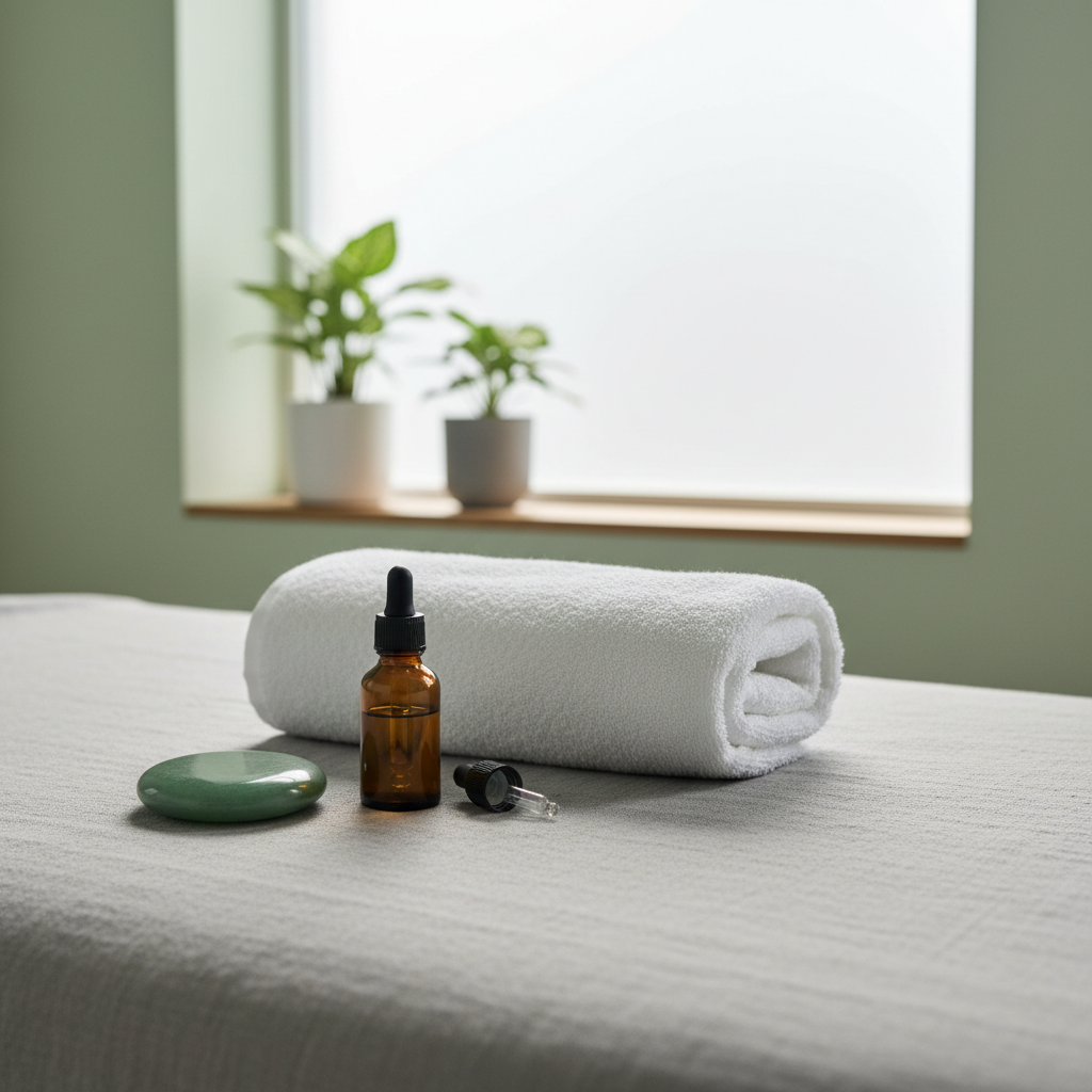 A neatly folded plush white towel rests on a soft gray linen-covered massage table, with a smooth jade-green reflexology stone and a small amber glass bottle of essential oil arranged beside it. The table is positioned near a large frosted window in a tranquil treatment room, surrounded by pale sage walls and a few potted green plants in simple ceramic pots. Soft, diffused daylight filters through the window, creating gentle highlights on the glass bottle and subtle shadows on the linens. Photographed at eye level with a shallow depth of field so the foreground is crisp and the background softly blurred, the atmosphere feels serene, professional, and hygienic. The overall style is clean, modern photographic realism, perfect for a holistic reflexology business homepage.