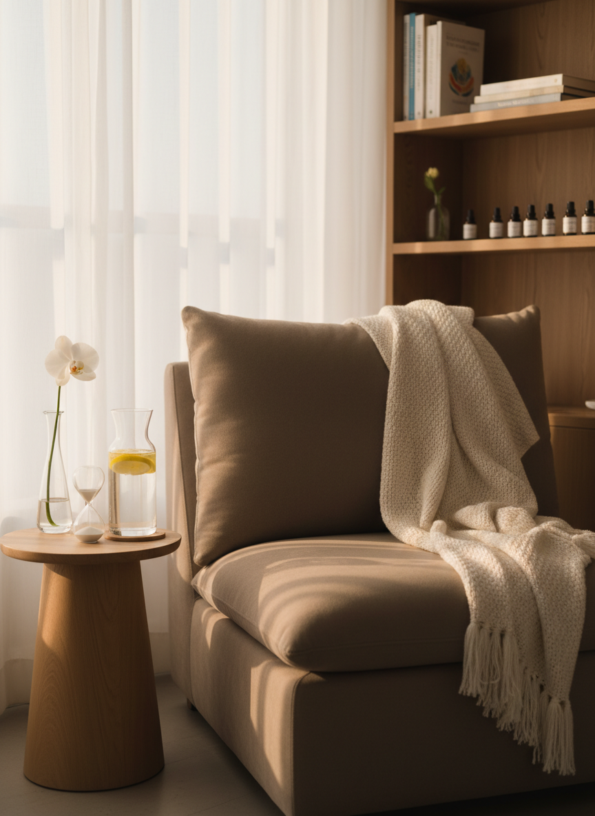 A peaceful corner of a reflexology clinic featuring a low, upholstered armchair in muted taupe with a textured woven throw blanket draped neatly over the armrest, and a small round side table holding a sand-timer, a glass of infused water with lemon slices, and a single white flower in a slender vase. The background reveals a softly blurred shelving unit with carefully arranged holistic wellness books and labeled essential oils. Gentle golden hour light filters through sheer curtains, casting warm, inviting tones and delicate shadows across the fabrics. Photographed at eye level with a shallow depth of field and a centered yet airy composition, the image evokes calm, comfort, and professionalism in a realistic photographic style suitable for a reflexology relaxation page.