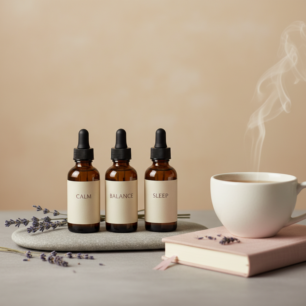 A serene still life dedicated to menopause and hormonal balance support in reflexology, featuring three labeled amber dropper bottles reading "calm", "balance", and "sleep" arranged on a smooth stone slab. Surrounding them are dried lavender sprigs, a pale pink journal with a linen cover, and a ceramic cup of herbal tea releasing a faint wisp of steam. The background is a soft, warm beige wall with a subtle gradient, kept intentionally uncluttered. Gentle, diffused studio lighting from one side creates soft highlights on the glass and ceramic surfaces and a feeling of hushed tranquility. Photographed at a slightly low angle with the bottles in sharp focus and background gently blurred, the composition feels nurturing, mature, and grounded, in clean professional photographic realism, suited to a menopause support section.