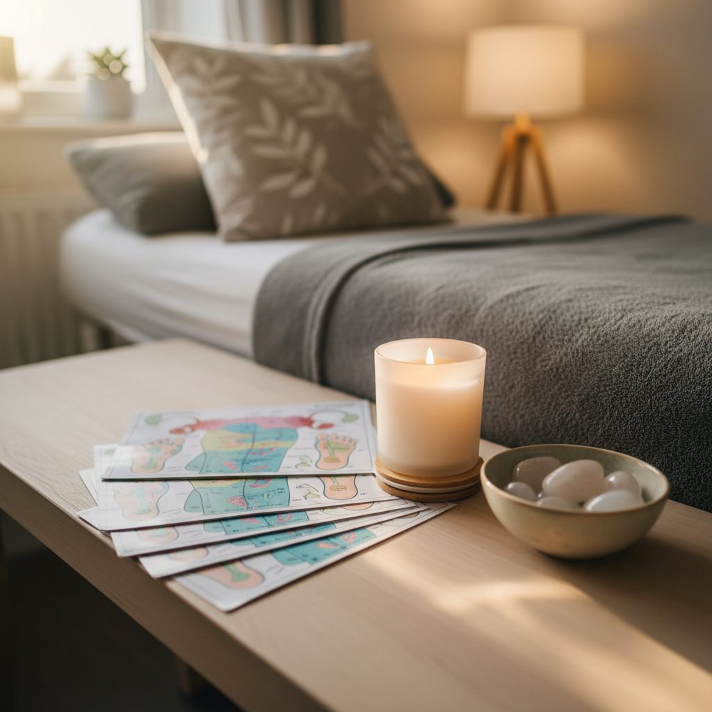 A detailed close-up of a reflexology treatment space prepared specifically for fertility support, showing a neatly arranged set of color-coded reflexology maps for reproductive health, a small bowl of polished moonstone crystals, and a lit soy wax candle in frosted glass on a pale wooden bench. Behind them, a plush gray blanket is folded at the end of a treatment couch, with a subtle botanical print cushion resting on top. Soft early evening light combined with a warm table lamp creates layered, gentle illumination, casting delicate overlapping shadows and a cozy glow. Captured from a side angle in photographic realism with a shallow depth of field, the focus rests on the fertility tools while the background softly recedes, creating an intimate, hopeful, and supportive mood for a specialized service page.