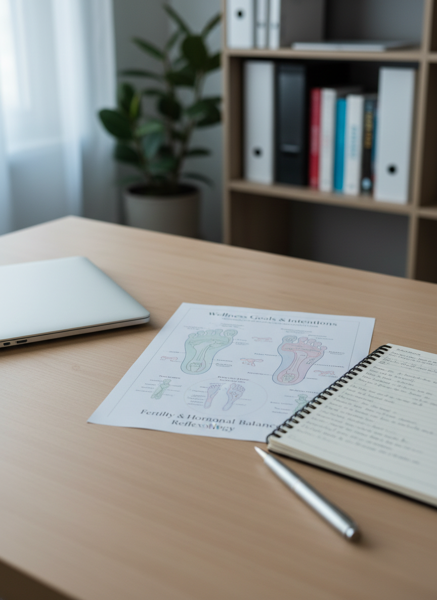 A refined desktop scene in a reflexology practitioner’s consultation area, showing an open notebook with neatly written wellness goals, a high-quality silver pen, and a printed fertility-focused reflexology chart illustrating subtle pastel diagrams of reproductive and hormonal zones on the feet. The desk surface is smooth light maple wood, and a slim laptop sits closed to the side, hinting at modern, informed practice. The background shows a softly blurred bookshelf with organized files and a small plant. Soft, cool natural daylight from a nearby window illuminates the workspace, creating crisp yet gentle shadows. Shot from a slightly elevated angle with sharp focus across the main objects and photographic realism, the mood is professional, reassuring, and supportive, ideal for a page explaining fertility and hormonal balance support.
